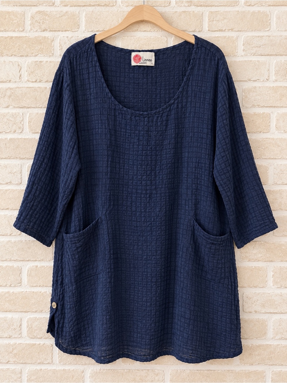 Linnea 100% Linen Navy Textured Oversized Lagenlook Tunic Top Made USA L - Picture 2 of 5